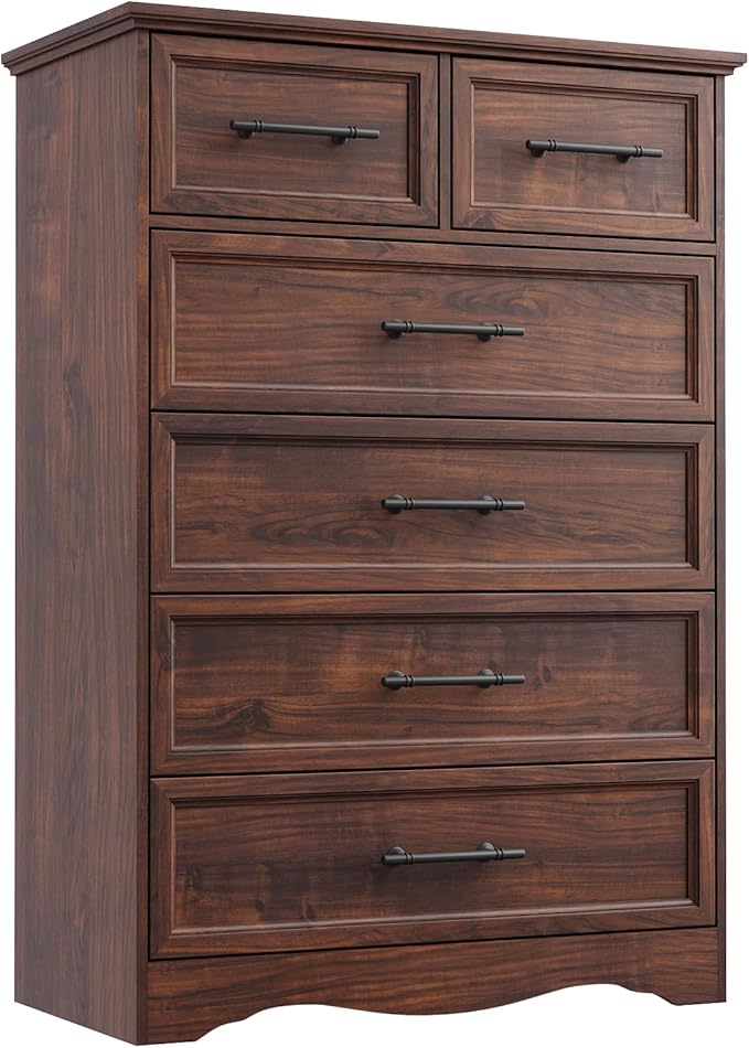 Walnut Farmhouse Dresser for Bedroom, Modern 6 Chest of Drawers, 44" Tall Chest of Drawers with Brushed Metal Handle, Wood Closet Organizers and Storage Cabinet for Bedroom, Living Room, Hallway