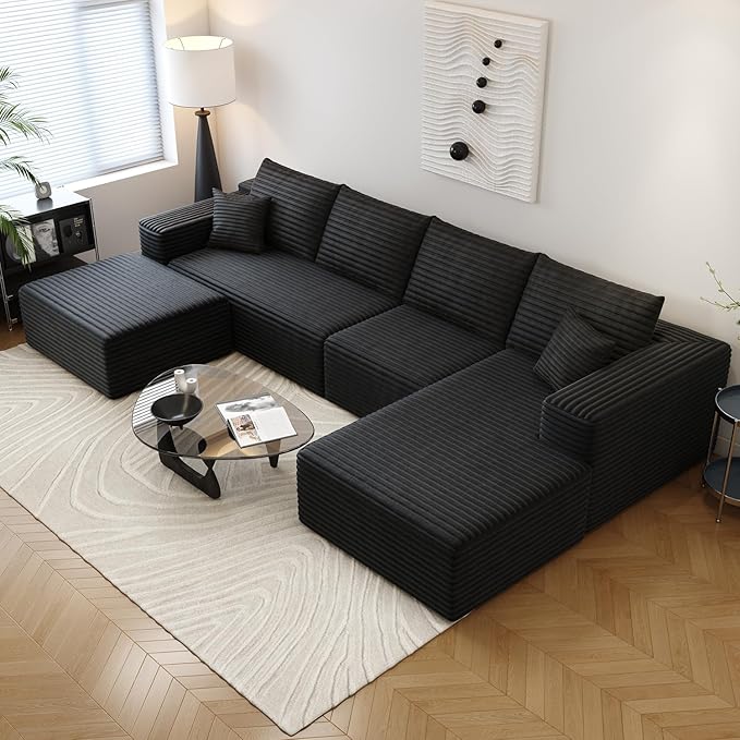135.4" Cloud Sectional Couch with 1 Ottoman,Modern Modular Sofa with Deep Seat, Comfort U Shaped Sofa Couches for Living Room Bedroom Apartments,No Assembly Required, (Black,Right Facing Chaise)