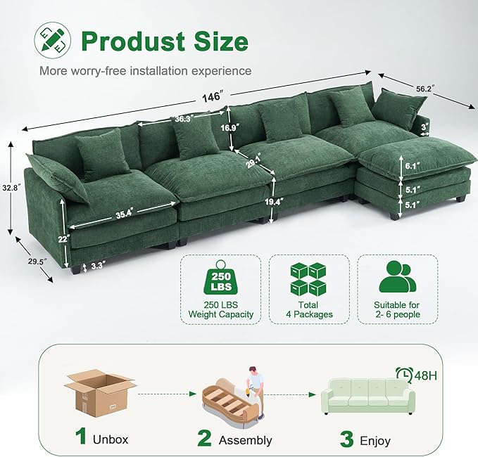 146" U Shaped Sectional Cloud Couch with 2 Ottomans｜Large Chenille Modular Sofa for Living Room｜FSC Solid Wood Frame｜29.1" Deep Seat｜Easy Assembly & 1YR Guarantee Green