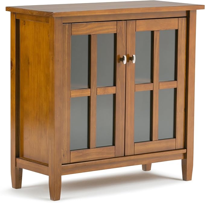SIMPLIHOME Warm Shaker SOLID WOOD 32 inch Wide Transitional Low Storage Cabinet in Light Golden Brown for the Living Room, Entryway and Family Room