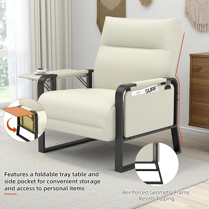 Upholstered Accent Chair, Modern Faux Leather Sofa Chair with Foldable Side Tray Table & Storage Pocket, Small Accent Sofa for Living Room, Bedroom, Reception Room, Beige