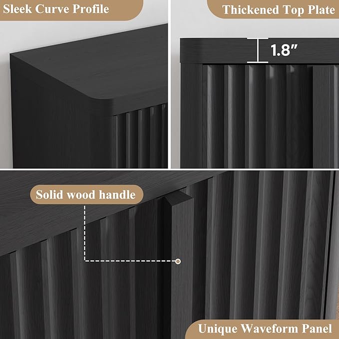 Fluted Buffet Cabinet with Storage, 120"Sideboard Buffet Cabinet with 8 Door, Modern Credenza Storage Cabinets with Adjustable Shelves, Solid Wood Handles for Kitchen, Dining, Living Room, Black(2PC)
