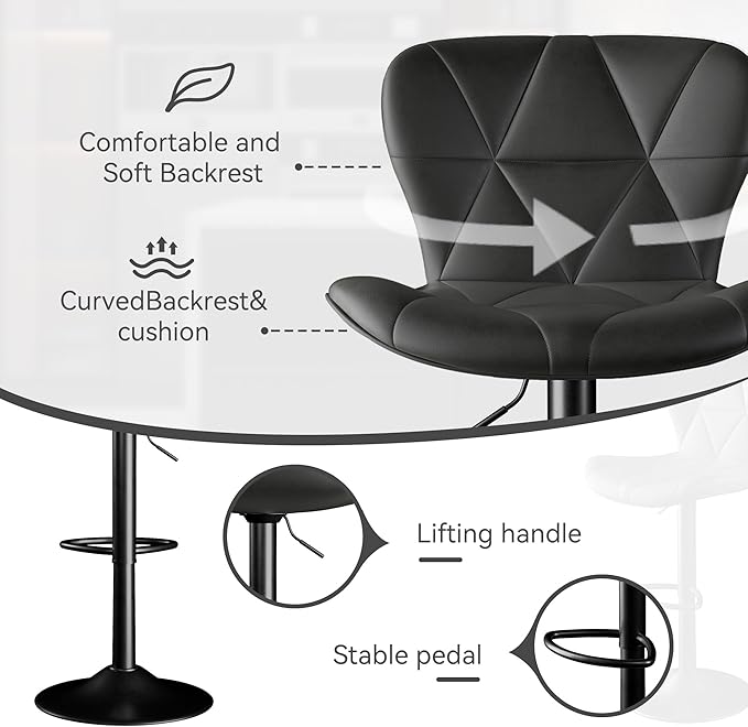 Bar Stools Set of 4,Adjustable Swivel Barstools, Faux Leather Bar Chairs,Upholstered Counter Height with High Backrest for Kitchen Island, Black