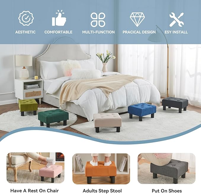 Poofzy Small Foot Stool Ottoman, Velvet Ottoman Foot Rest with Legs, Rectangle Foot Rest for Couch, Footstools and Ottomans Small for Living Room and Entryway (Pink)