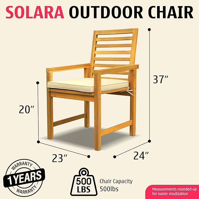 Tranquillo Solara Acacia Wood Outdoor Chair Set of 2 with Cushions – 500lbs Capacity, Weather-Resistant Patio Chairs for Garden, Deck, or Porch