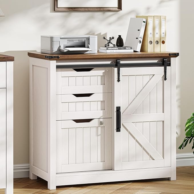 Vabches Lateral File Cabinets with Adjustable Shelf, Farmhouse Filing Cabinet with Lock for Home Office, Filing Organization Storage Cabinets with Sliding Barn Door for Hanging Files Letter/A4.(White)