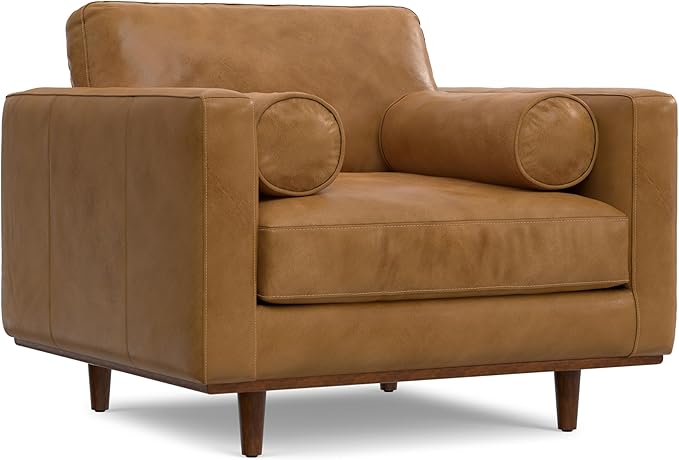 SIMPLIHOME Morrison Accent Chair - 43 inch Wide Upholstered Top Grain Genuine Leather Mid-Century Modern Arm Chair with Solid Wood Frame in Sienna, for Living Room or Bedroom with 2 Bolster Pillows