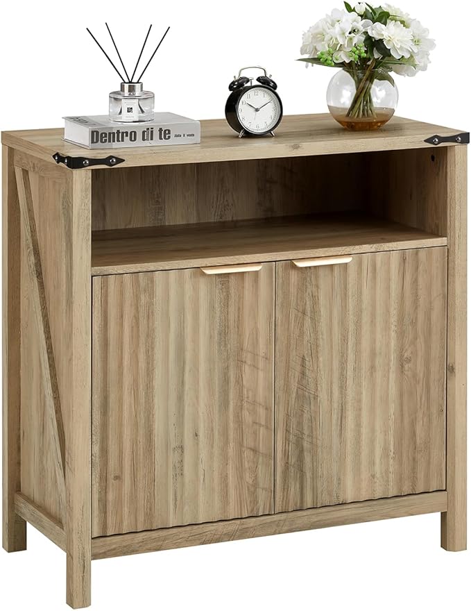 Buffet Cabinet with Storage - Modern Farmhouse Rustic 32 Fluted Sideboard Storage Cabinet Buffet with Adjustable Shelves, Coffee Wine Bar Organizer for Dining Room (Sunwashed Ash Oak)