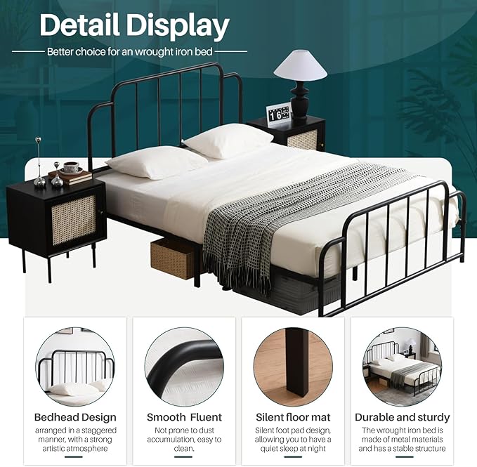PINJU Metal Platform Bed Frame with Headboard and Footboard, Classic Style, Sturdy Metal Slats, No Box Spring Needed, Easy Installation (Black, Full)