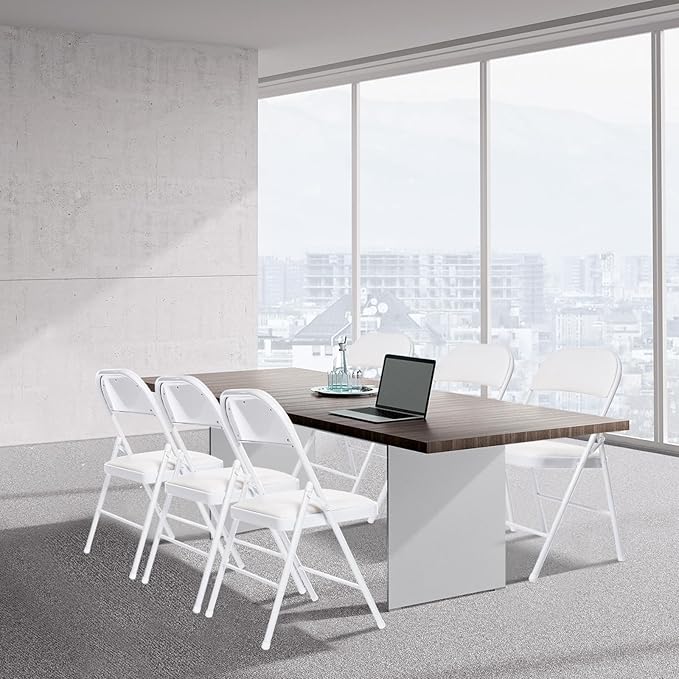 4 Pack Folding Chairs with Padded Seats, Padded Folding Chair with Steel Frame for Events Home Office, Pu Leather Folding Chair White