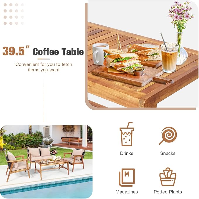 COSTWAY 4 Pieces Acacia Wood Patio Conversation Set, Outdoor Wicker Sofa with Coffee Table & Cushions, Patio Rattan Furniture Set for Yard, Porch, Poolside, Balcony, Backyard, Beige