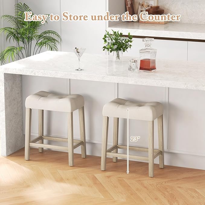 COSTWAY Wooden Saddle Stools Set of 4, 24-inch Counter Height Upholstered Backless Bar Stools with Solid Rubber Wood Legs, Padded Seat, Farmhouse Dining Chairs for Kitchen Island, Cafe, Beige