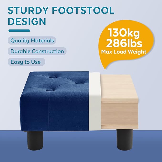 Small Foot Stool Ottoman, Velvet Footstool Ottoman Foot Rest for Couch, Rectangle Footstools and Ottomans Small for Living Room, Entryway and Bedroom (Blue)