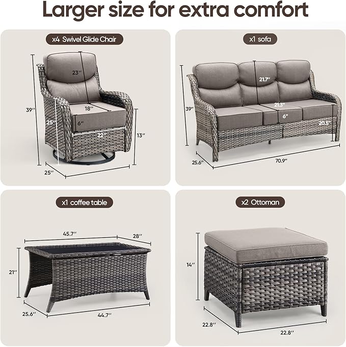 Swivel Patio Chairs sofa Set of 6 with 6" Thick Cushion - Wicker Outdoor Swivel Rocker Patio Chair ,Sofa/Glass coffee table, High Back Comfortable Outdoor Glider Chairs - Gery Wicker | Gery Cushions