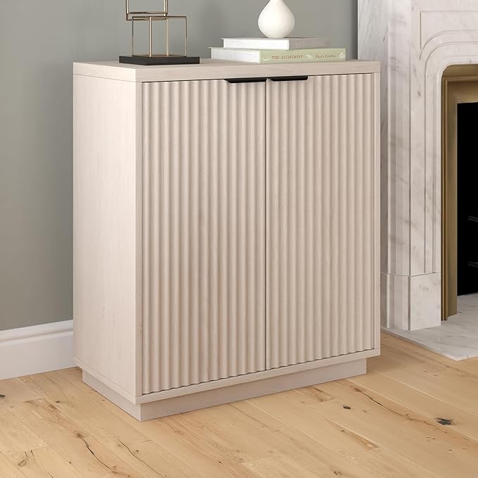 Henn&Hart 28" Fluted Wooden Accent Cabinet, Modern Ribbed Sideboard Buffet Cabinet with 2 Doors and an Adjustable Shelf for Living Room, Dining Room, Bedroom or Entryway, Alder White