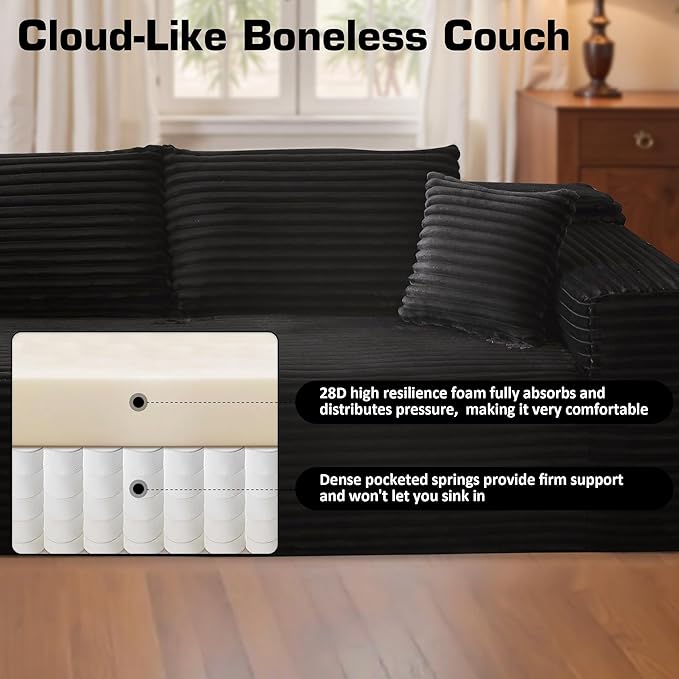 106" Cloud Sectional Couch with Chaise Lounge,L Shaped Modular Modern Sofa,Comfy Corduroy Fluffy Sofa with Deep Seat,No Assembly Required Couch for Living Room(Left,Plush Corduroy,Black)