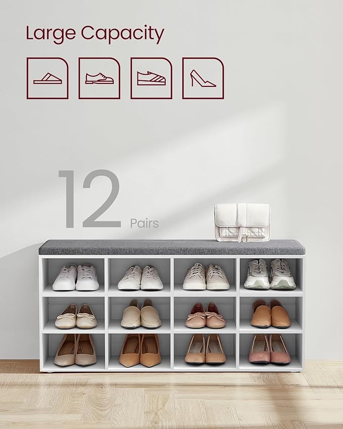 VASAGLE CUSTOS Collection - Shoe Bench, Storage Bench with Padded Seat, Entryway Bench with 12 Compartments, for Bedroom, 11.9 x 40.9 x 18.9 Inches, Cloud White and Slate Gray ULHS012W14