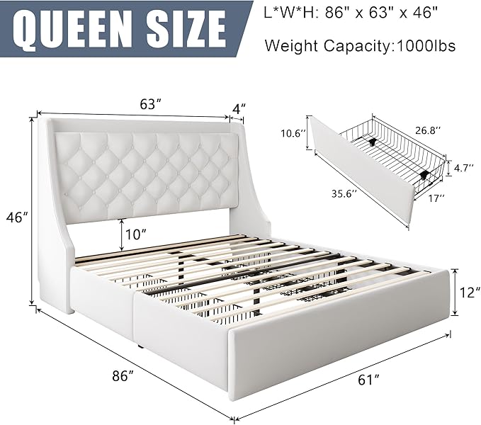 Queen Size Bed Frame with 4 Storage Drawers & Charging Station, Linen Upholstered Platform Bedframe, Button Tufted Wingback Headboard, Sturdy Wooden Slats, No Box Spring Needed, White