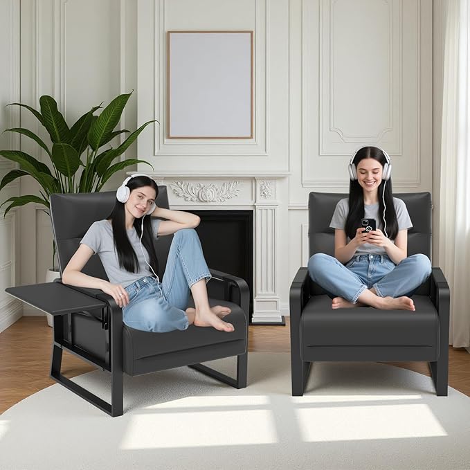 Faux Leather Accent Chairs Set of 2 with Flip Up Tray Tables Soft Backrest for Living Room Office Bedroom Modern Accent Chairs, Black