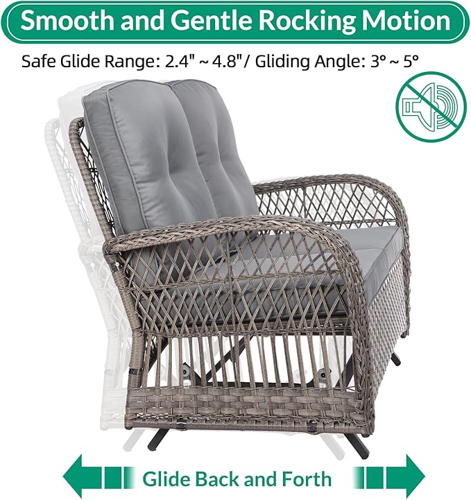 VIVIJASON 5-Piece Outdoor Patio Wicker Conversation Sets, All Weather Outdoor Rattan Furniture Set Includes Glider Loveseat, 2 Coffee Table, 2 Rocking Chairs with Cushions for Backyard, Grey