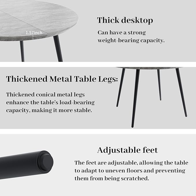 43.3"-59.1" Extendable Round Dining Table Set, Kitchen Table for 6 Person with Scratch-Resistant Thickened MDF Board, Gray Coffee Table w/Metal Legs