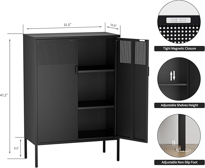 Black Metal Storage Cabinet, Metal Locker Storage Cabinet with Doors and Shelves, 3 Tier Steel Office Storage Cabinet, Metal Sideboard for Home, Office, Kitchen and Coffee Bar