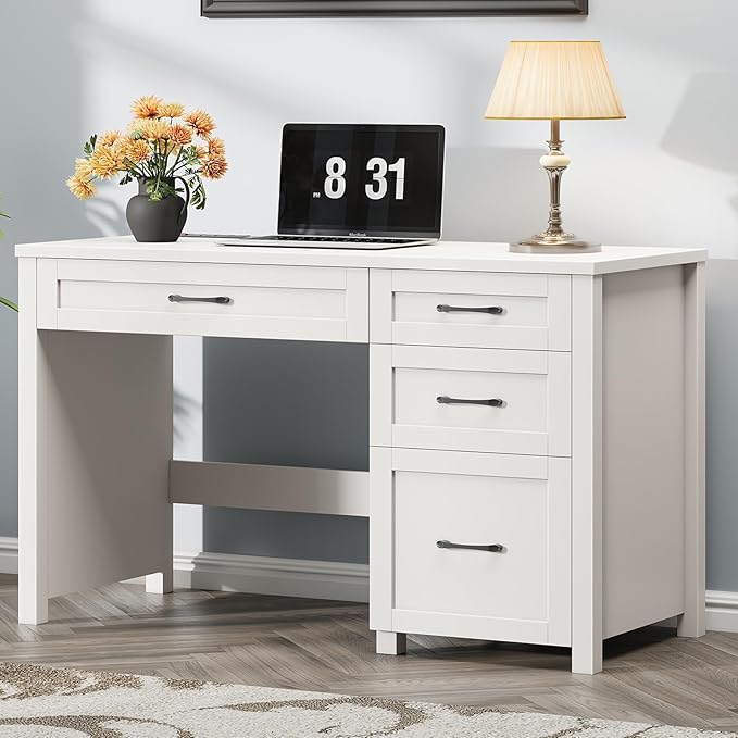 Vabches Farmhouse 47" Executive Desk, Computer Desk with File Drawer and Charging Station, Workstation for Home Office, Study,Cream White.