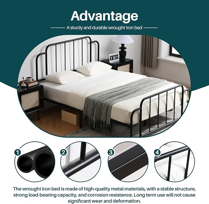 PINJU Metal Platform Bed Frame with Headboard and Footboard, Classic Style, Sturdy Metal Slats, No Box Spring Needed, Easy Installation (Black, Full)