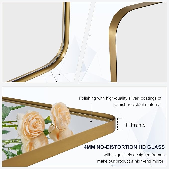 ANDY STAR 36”x48”Gold Bathroom Mirror for Wall, Brushed Brass Metal Rounded Corner Rectangle Mirror, Wall Mirror in Stainless Steel Metal Frame, 1”Deep Set Design Hangs Horizontal Or Vertical