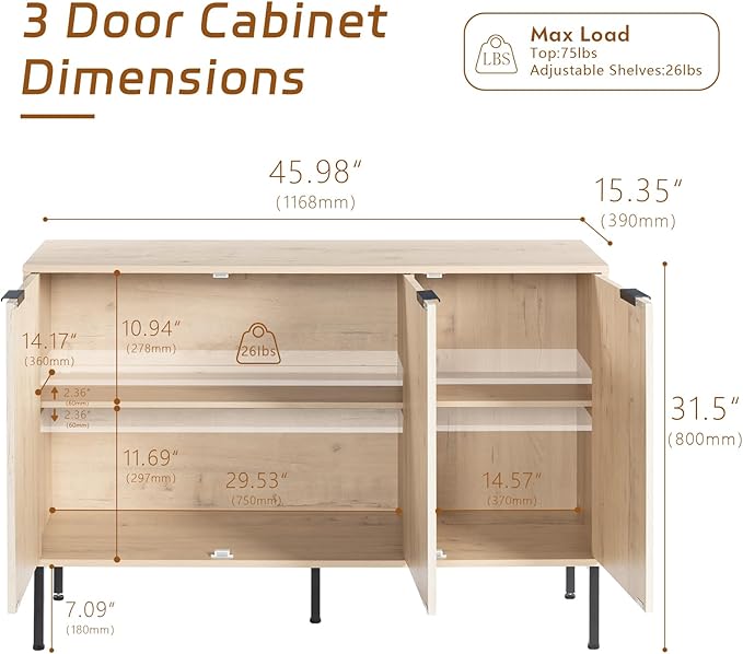 Large Buffet Sideboard Cabinet,45.98" Long Credenza Storage Cabinet,Mid Century Modern Kitchen Pantry Storage Cupboard Cabinets with 3 Doors and Shelves,Fluted Entryway Cabinets for Dining Room