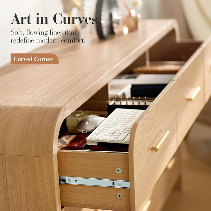 Curved 9-Drawer Dresser for Bedroom, 63" Wide Modern Chest of Drawers, Vanity Desk TV Stand for Living Room, Closet Storage Drawers Organizer Furniture, Nursery, Hallway, Oak