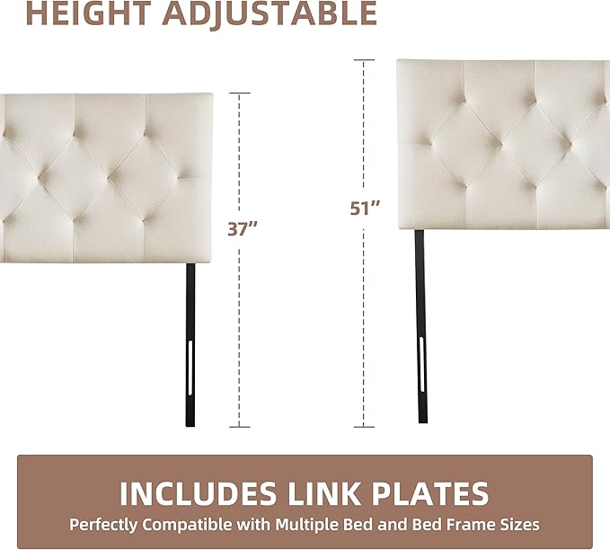 Linen Fabric Upholstered Headboard Queen Size, Modern Diamond Tufting Solid Wood Queen Headboard Only, Adjustable Height from 37” to 51” Head Board, Bed Frame or Wall Mount Headboards, Beige
