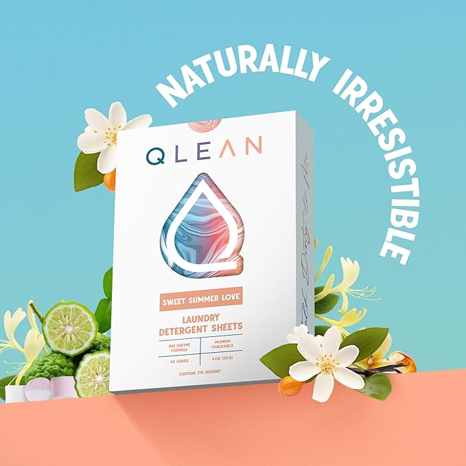 QLEAN Laundry Detergent Sheets (Travel Size 10 Loads) – Travel Laundry Detergent Sheets, Eco-Friendly Laundry Soap, HE & Standard Washer Safe, Stain Remover, Skin-Friendly - Sweet Summer Love