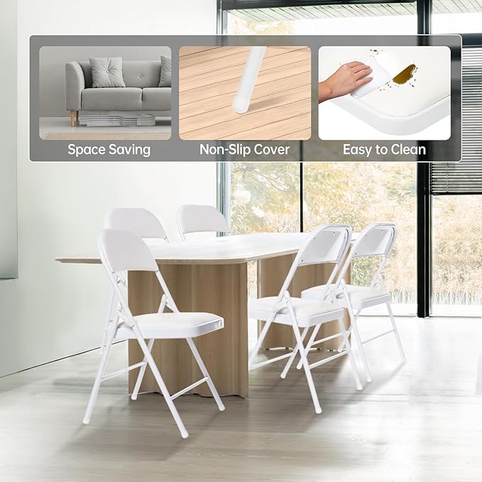 10 Pack Folding Chairs with Padded Seats, Padded Folding Chair with Steel Frame for Events Home Office, Pu Leather Folding Chair White