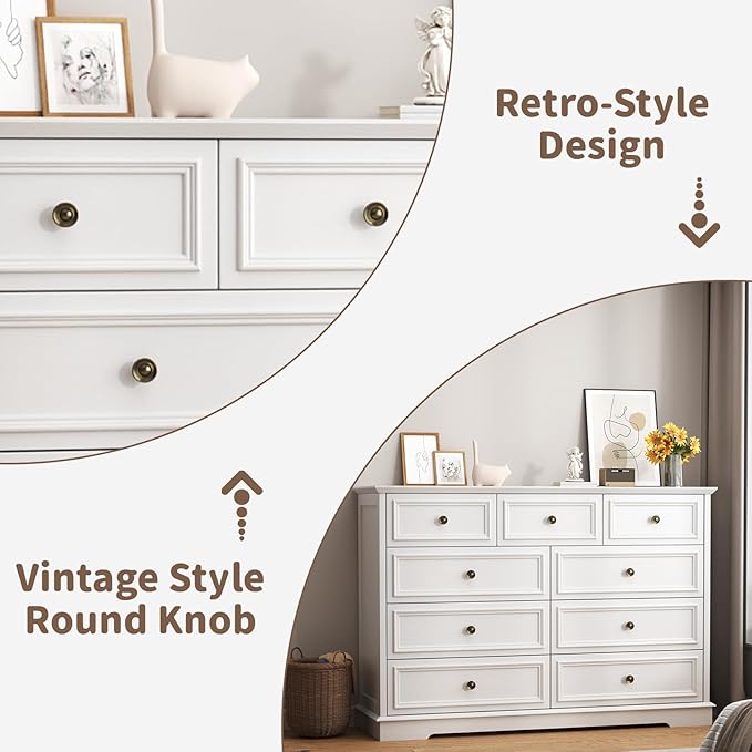 9 Drawer Dressers for Bedroom, 51" Wide Wood Chest of Drawers, Farmhouse Bedroom Dressers with Drawers, Modern Dresser TV Stand, Retro Design, for Living Room, Dressing Room, Hallway, White