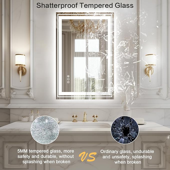 WTTY LED Bathroom Mirror with Backlit and Front Light, 23.6" X 31.5" Stepless Dimmable LED Mirror for Bathroom,Anti-Fog Lighted Bathroom Vanity Mirror Modern for Wall,Memory Function,Shatter-Proof