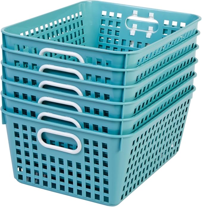 Really Good Stuff 160016WA Multi-Purpose Plastic Storage Baskets for Classroom or Home Use - Stackable Mesh Plastic Baskets with Grip Handles 13" x 10" (Water - Set of 12)