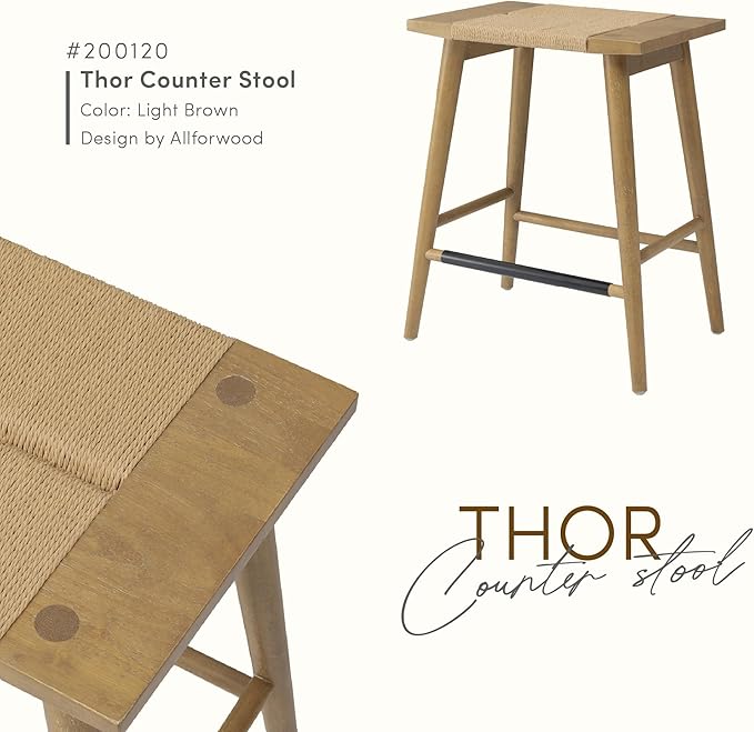 Thor Wicker Premium Solid Wood Counter Stool 24", Backless Counter Height Seating with Hand-Knitted Rope, Eco-Friendly Modern Design (Light Brown)