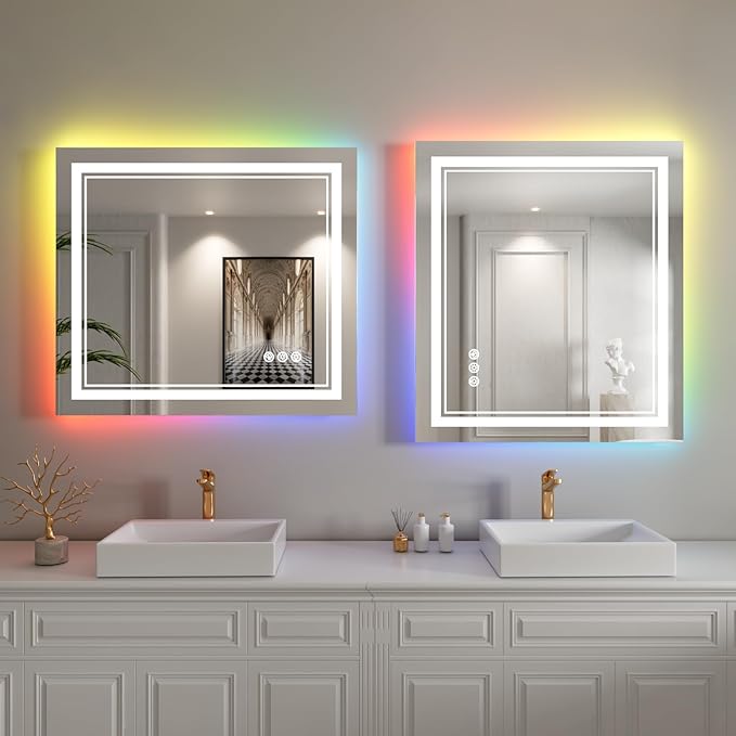 24x28 inch LED Bathroom Mirror with RGB Lights Color Changing Backlit Mirror Shatterproof Dimmable Anti-Fog Lighted Vanity Mirror (RGB Multicolor Backlit + Adjustable Front-Lighted)