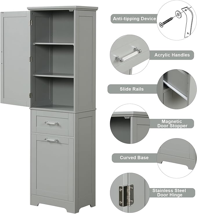 Tall Bathroom Storage Cabinet, Freestanding Storage Cabinet with 1 Door, 2 Different Size Drawers for Bathroom Living Room (Grey)