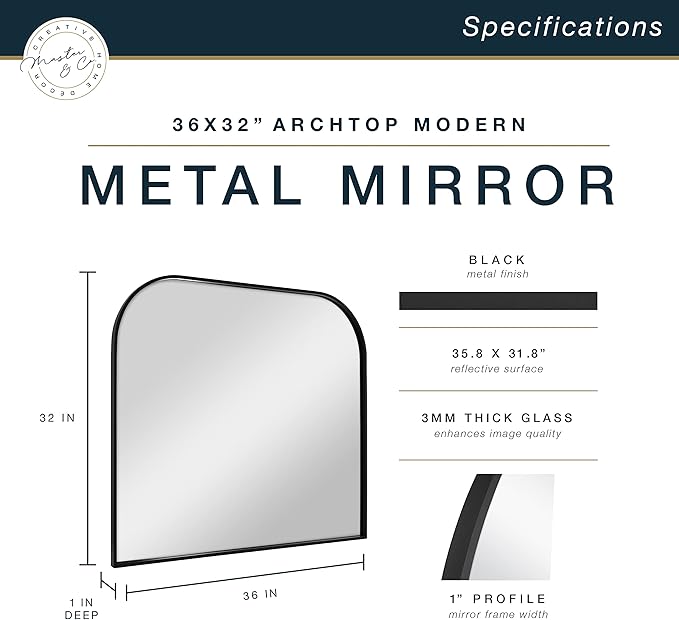 MCS Master & Co. Modern Metal Large Wall Mirror, Minimalist Home Decor Mantle Arch Mirror for Living Room, Bedroom, or Bathroom, 36 by 32 Inch, Black