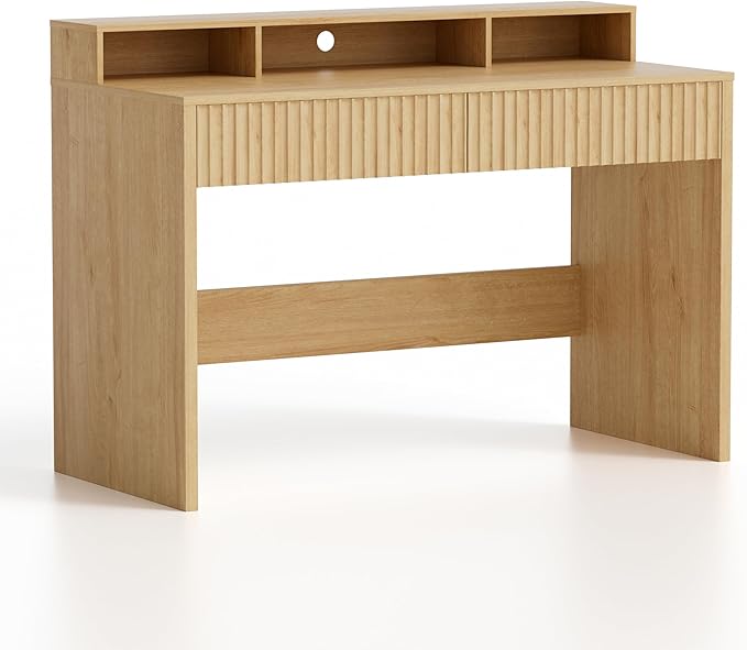 47" Executive Desk with Fluted Drawer, Modern Home Office Desk with Long Monitor Stand and 2 Drawers, Computer Writing Desk for Study Office Vanity, Nautral Oak