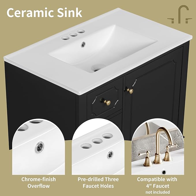 Bathroom Vanity with Ceramic Sink 30 inch, Multi-Functional Storage Cabinet with Drawers and Door Shelf, Solid Wood Frame, Soft-Closing Door, Black
