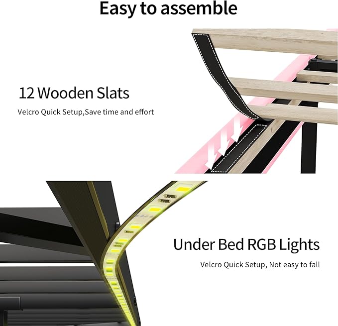 Queen Bed Frame with Storage Headboard,Power Outlet, Modern Velvet Upholstered Platform Bed LED Bed Frame with 5 Storage Shelves, No Box Spring Needed, Pink