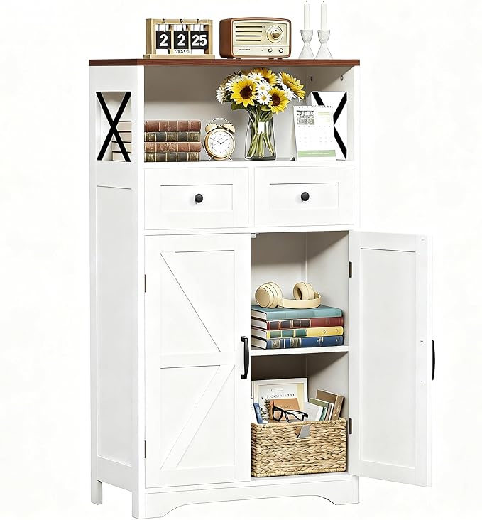 SUPER DEAL Farmhouse Storage Cabinet, Bathroom Floor Cabinet Kitchen Pantry with Doors and Drawers, Hutch Cupboard for Laundry, Living Room, Bedroom, White