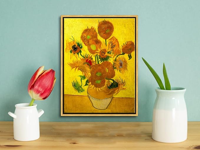 Wieco Art Framed Wall Art of Vase with Fifteen Sunflowers by Vincent Van Gogh Paintings Reproduction Abstract Canvas Prints for Home Living Room Decorations Bronze Gold Frame