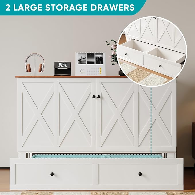 BALUS 63" W Queen Murphy Bed with Tri-Fold Mattress, Queen Size Murphy Cabinet Bed with 2 Storage Drawers & USB Charging Station, Chest Cabinet Beds for Bedroom Guest Room, White
