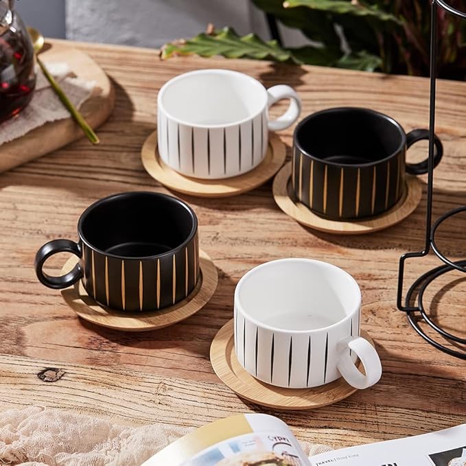LUKA Porcelain Espresso Cup with Saucer and Metal Stand, 6 Ounce Stackable Ceramic Demitasse Espresso Mugs Cappuccino Cups Set for Latte,Coffee,Cafe Mocha,Tea(Set of 4)