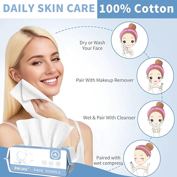 Disposable Face Towels 600 Count, Ultra Soft & Thick Facial Towels for Sensitive Skin, Biodegradable & Lint-Free Makeup Remover Dry Wipes, Multi-Purpose Cleansing Towelettes for Face Wipes