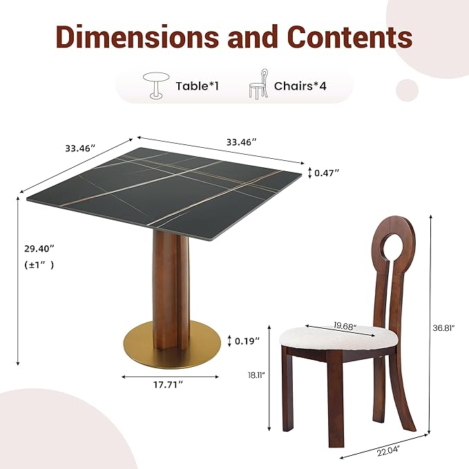 Sintered Stone Square Office Table and Chair Set - Meeting Table for Small Offices (Walnut‌ Leg and Black Top, 1 Table and 4 Chairs)